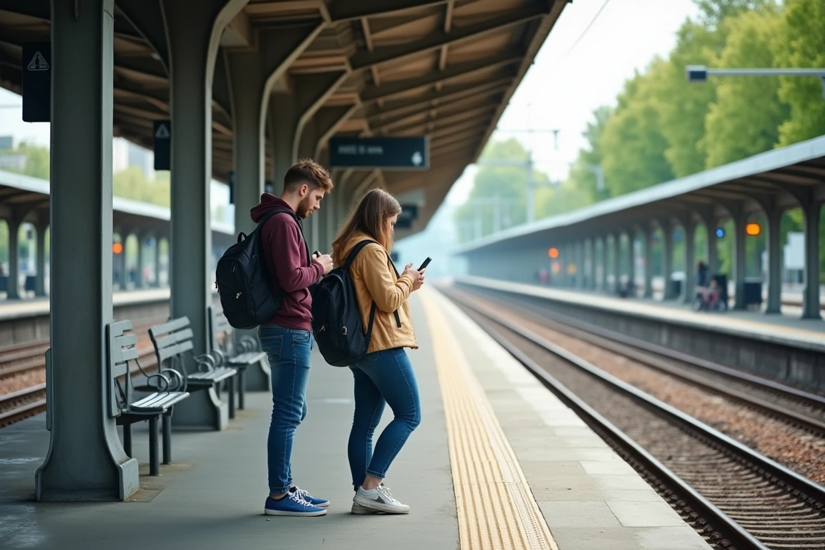 Deux jeunes adultes attendant le RER A sur le quai de la gare de Maisons-Laffitte avec des sacs à dos