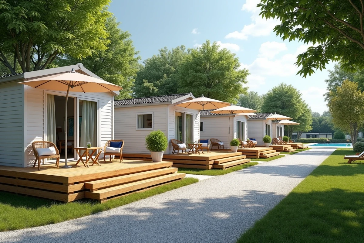 Rangée de mobil-homes haut de gamme dans un parc résidentiel de loisirs représentant un investissement immobilier LMNP