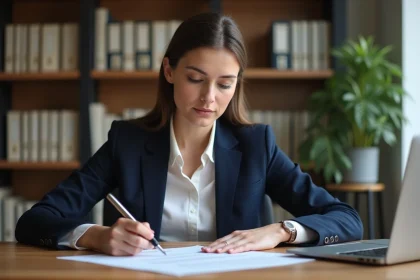Femme professionnelle en agence immobilière révisant une proposition d'achat immobilier sur papier