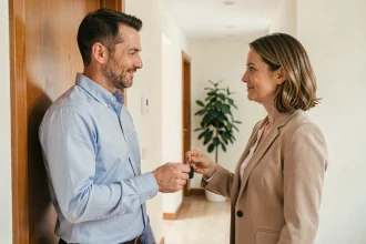 Locataire remettant les clés de son appartement à une propriétaire dans un couloir résidentiel moderne