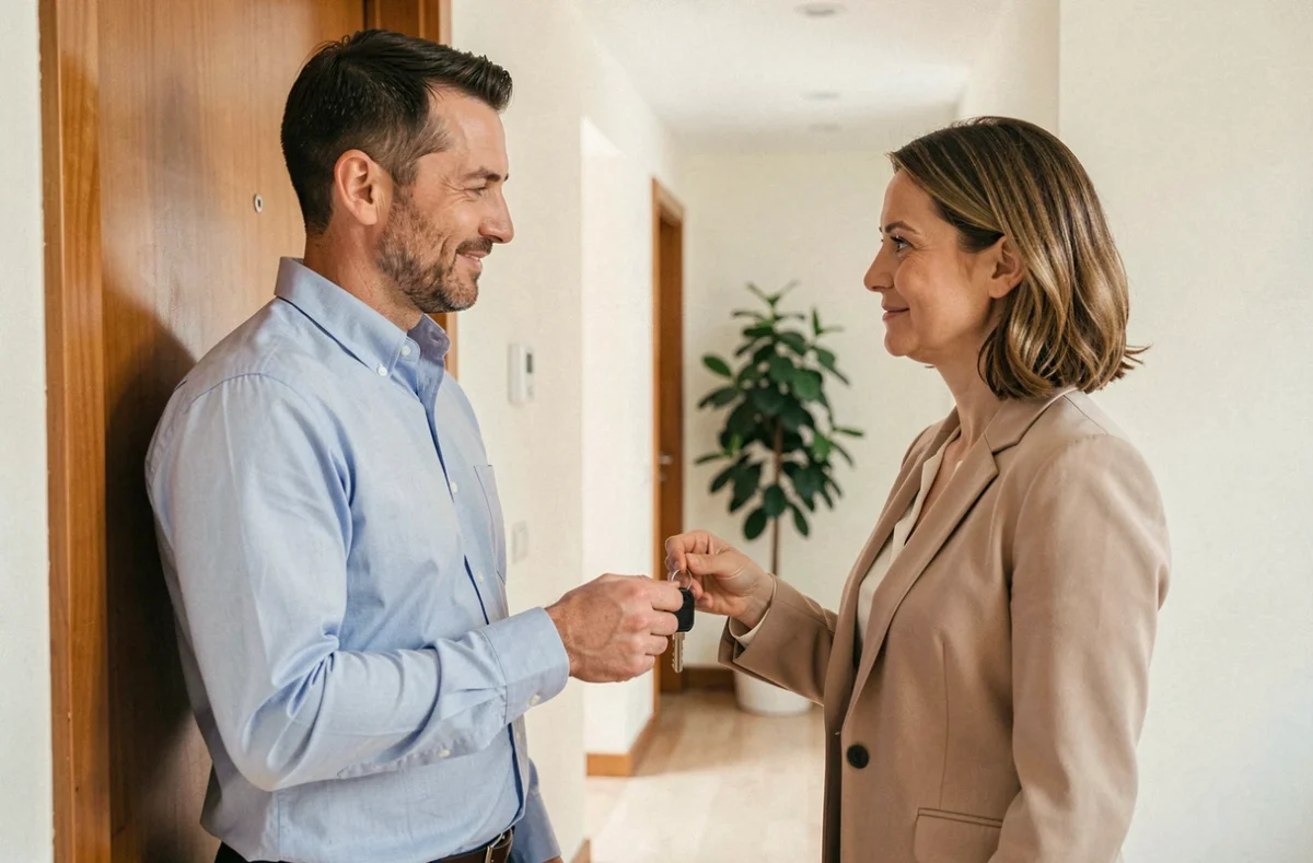 Locataire remettant les clés de son appartement à une propriétaire dans un couloir résidentiel moderne