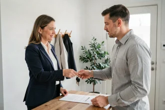 Femme remettant des clés d'appartement à un locataire avec une attestation de remise de clé en main propre lors d'une résiliation de bail