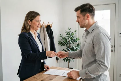 Femme remettant des clés d'appartement à un locataire avec une attestation de remise de clé en main propre lors d'une résiliation de bail