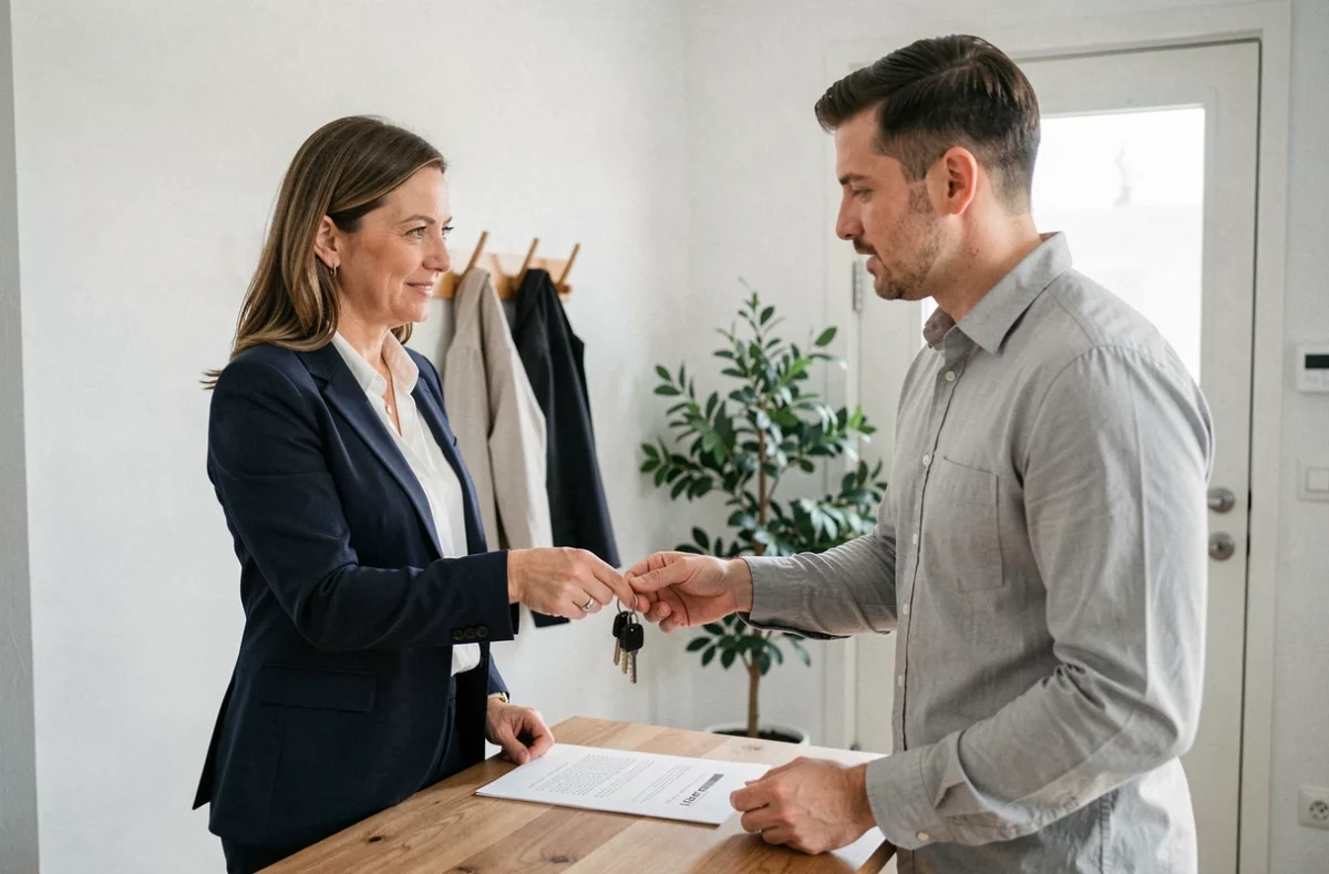 Femme remettant des clés d'appartement à un locataire avec une attestation de remise de clé en main propre lors d'une résiliation de bail