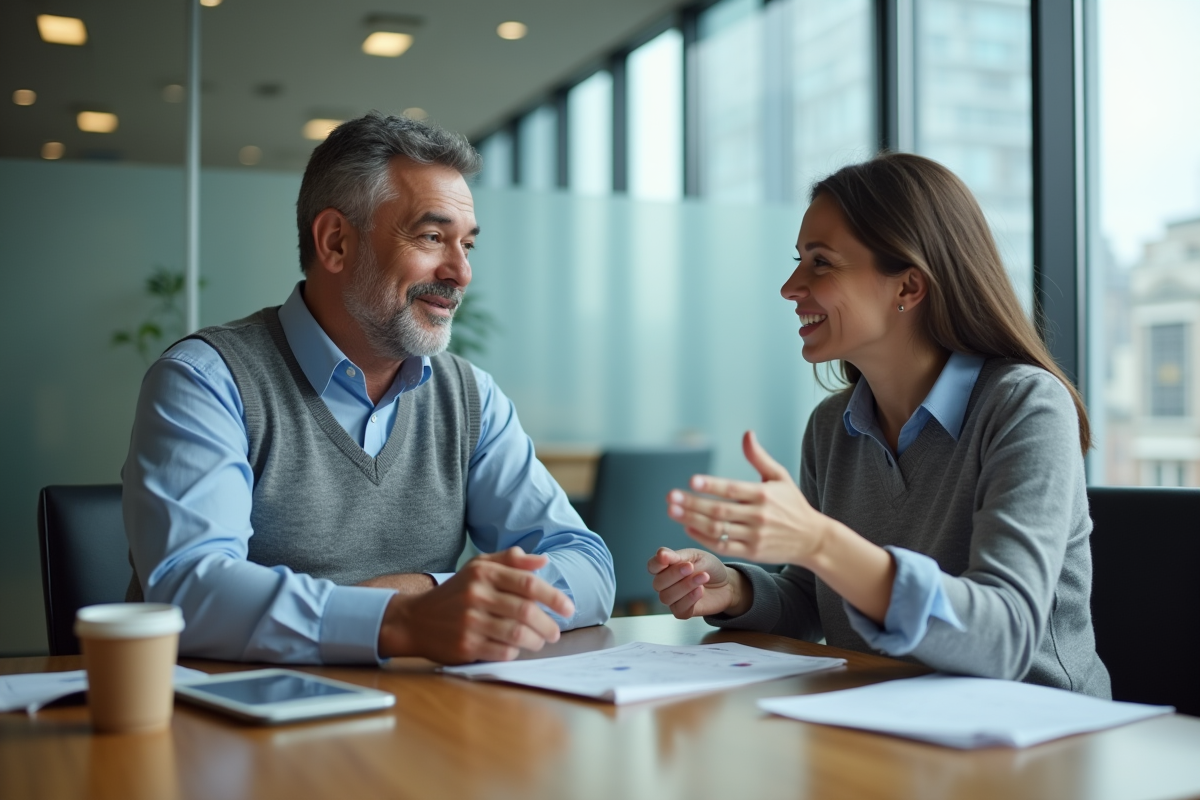 Homme et conseillère en prêt immobilier discutant en banque