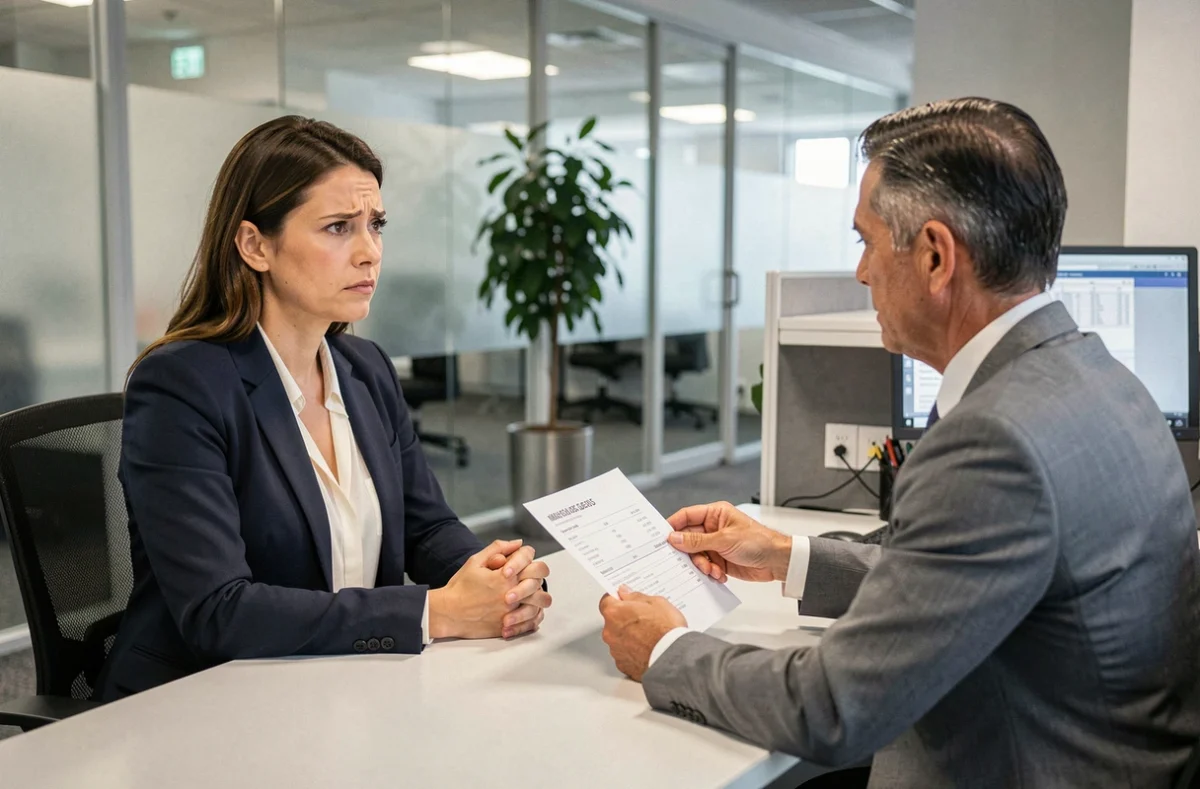 Femme en rendez-vous bancaire discutant d'un crédit immobilier en cours lors d'un divorce