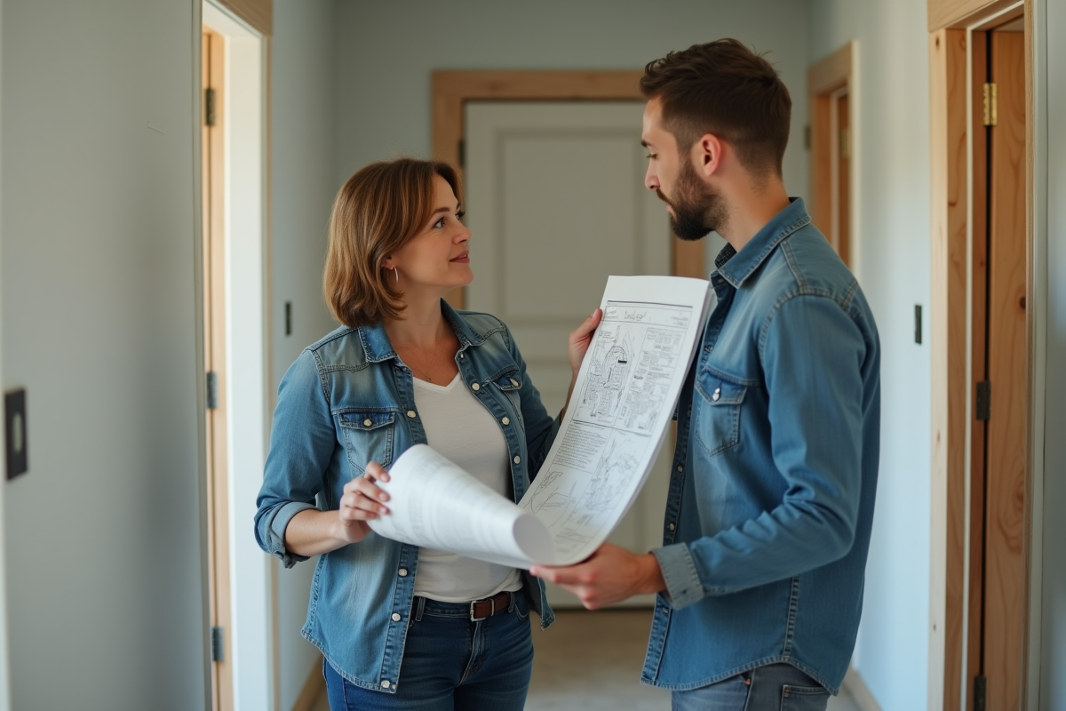 Femme discutant de rénovation avec un locataire dans un couloir