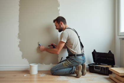 Homme en travaux réparant un mur dans un appartement moderne