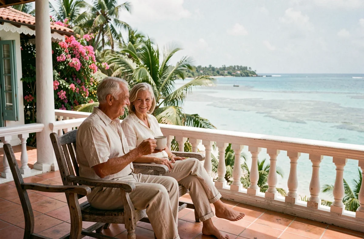 Couple de retraités profitant de leur terrasse avec vue sur le lagon à l'Île Maurice