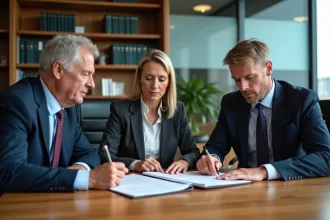 Réunion d'affaires entre trois personnes dans un bureau moderne