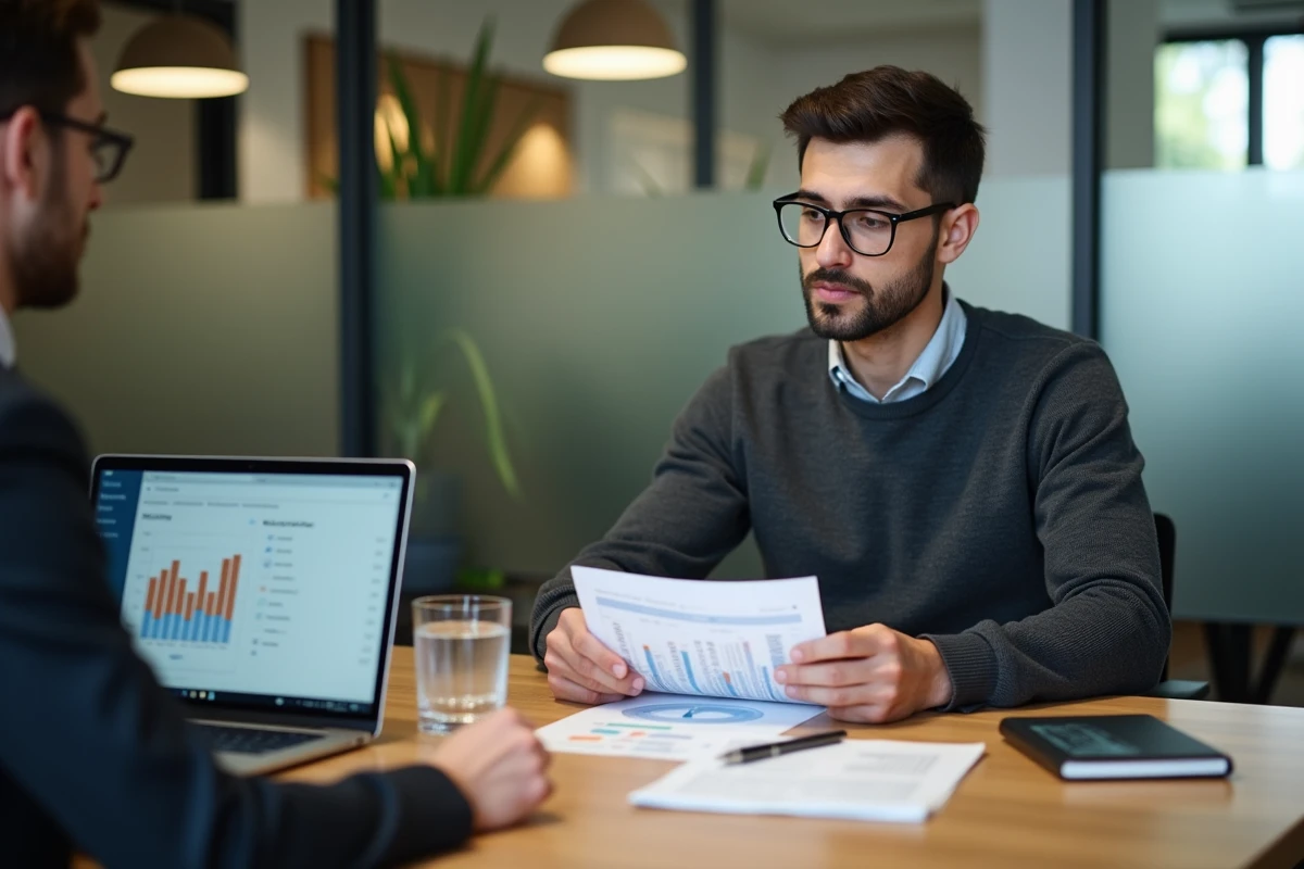Réunion entre un investisseur et un courtier immobilier pour analyser un plan de financement IDR
