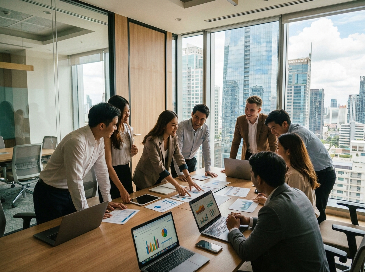 Groupe de jeunes professionnels en réunion dans une salle moderne