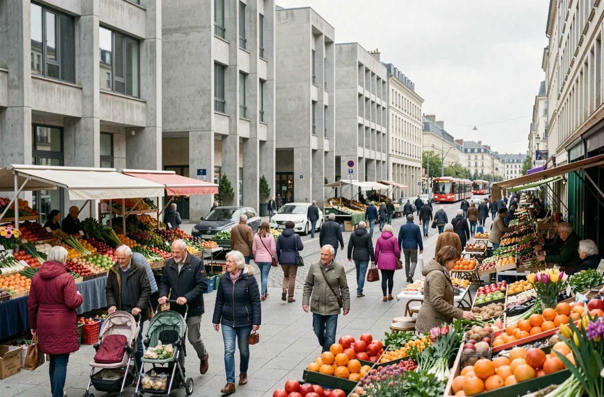 Rue piétonne animée du centre-ville du Havre avec marché en plein air et architecture de Perret en arrière-plan