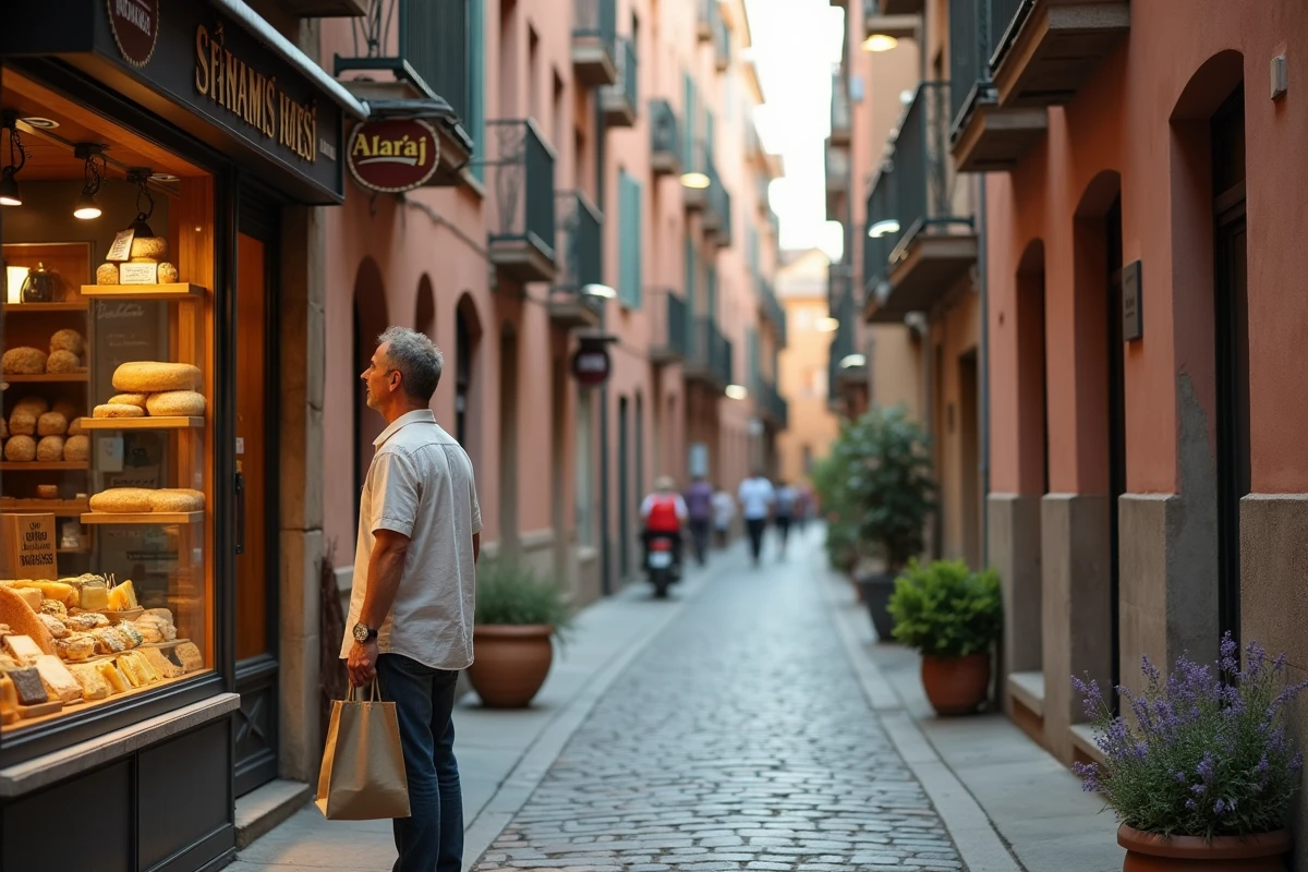 Rue commerçante du quartier des Carmes à Toulouse avec un homme devant une fromagerie artisanale sur une ruelle en pavés