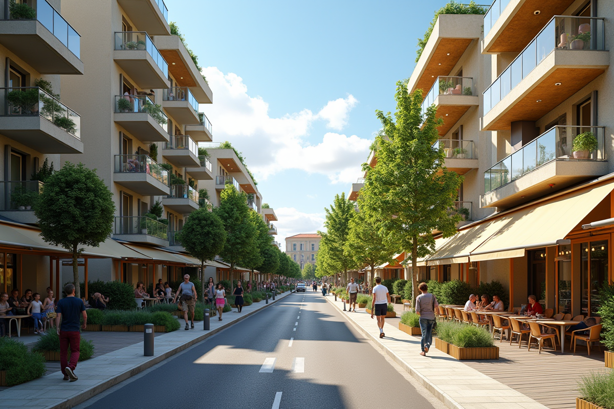 Rue urbaine ensoleillee a Begles Bordeaux avec cafes et passants