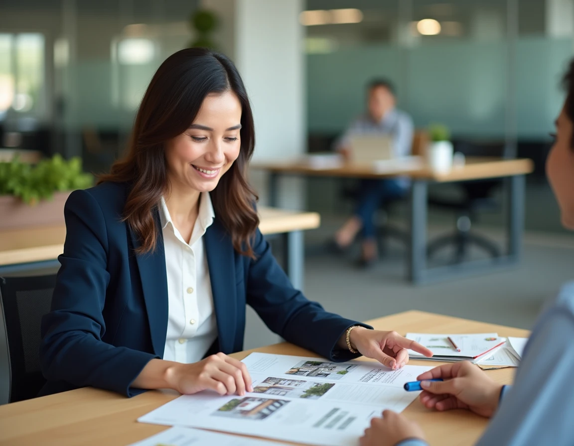 Salariée discutant de son dossier de logement avec un conseiller du comité interprofessionnel du logement dans un bureau moderne