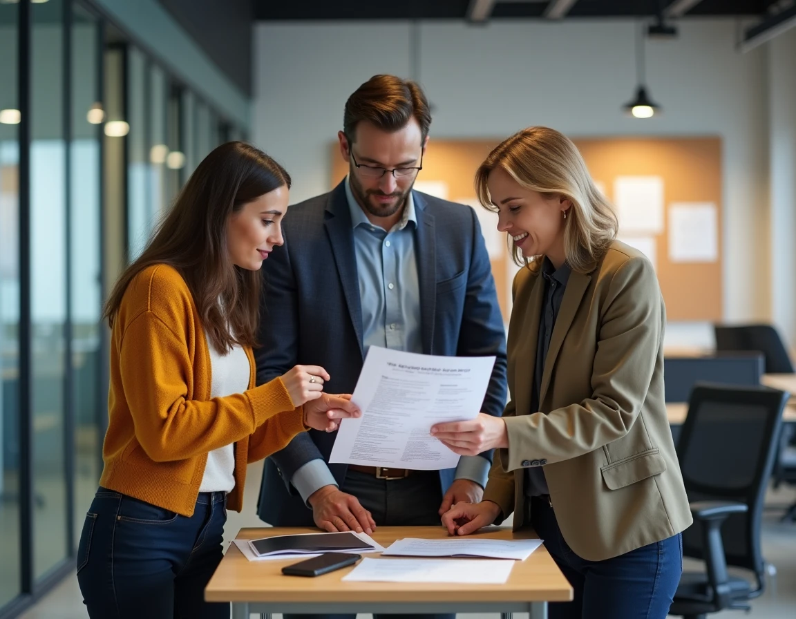 Groupe de salariés consultant une brochure sur les avantages logement du comité interprofessionnel dans un service RH