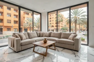 Salon moderne d'un appartement à vendre à Guéliz Marrakech avec sol en marbre et vue urbaine