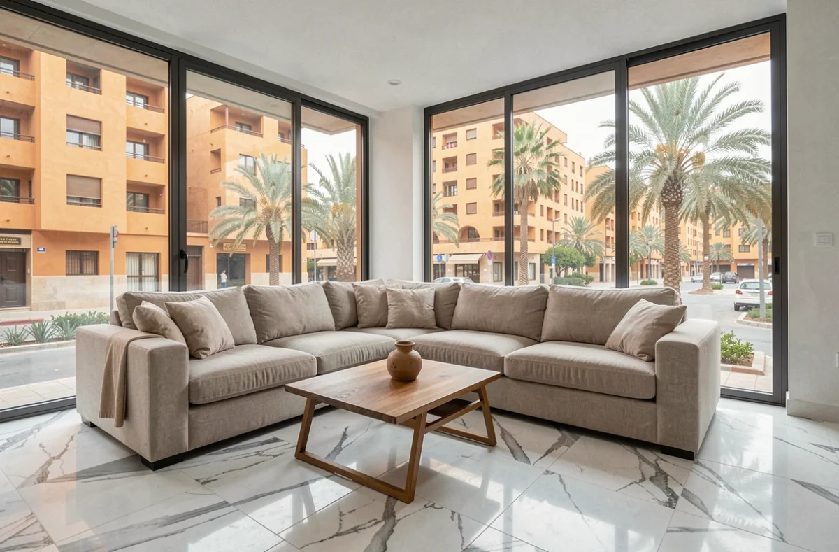 Salon moderne d'un appartement à vendre à Guéliz Marrakech avec sol en marbre et vue urbaine