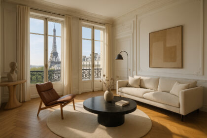 Salon parisien élégant avec vue sur la tour Eiffel