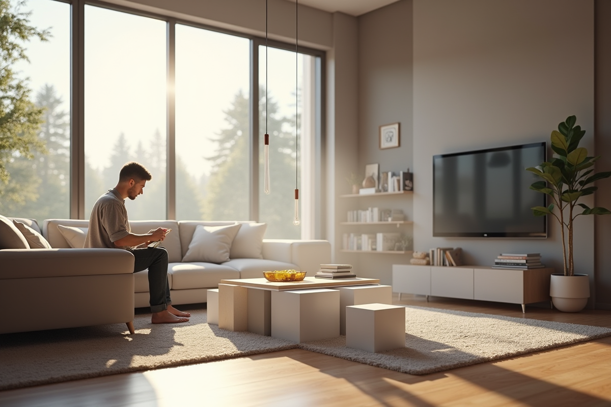 Salon moderne avec cubes virtuels de 20 m3 et personne mesurant