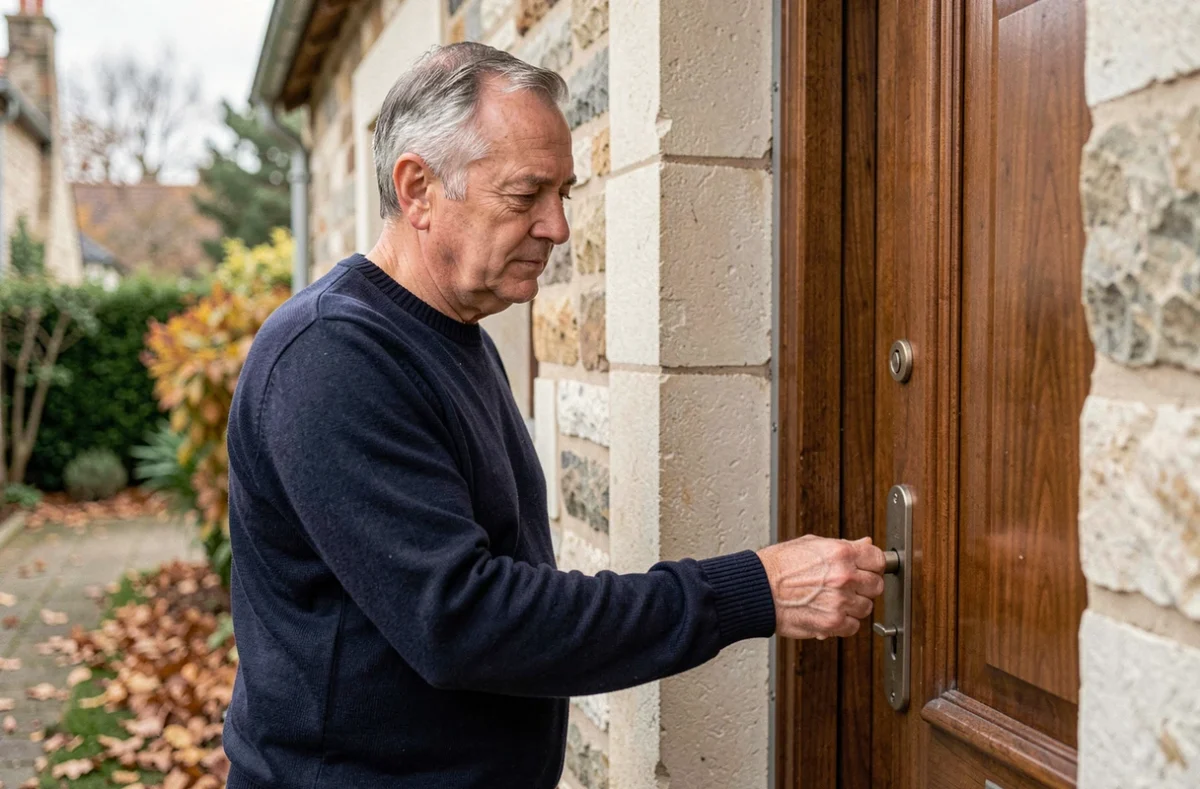 Propriétaire inspectant la serrure de sa porte d'entrée dans le cadre de sa garantie assurance habitation