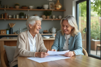 Femme âgée souriante avec agent immobilier dans une cuisine