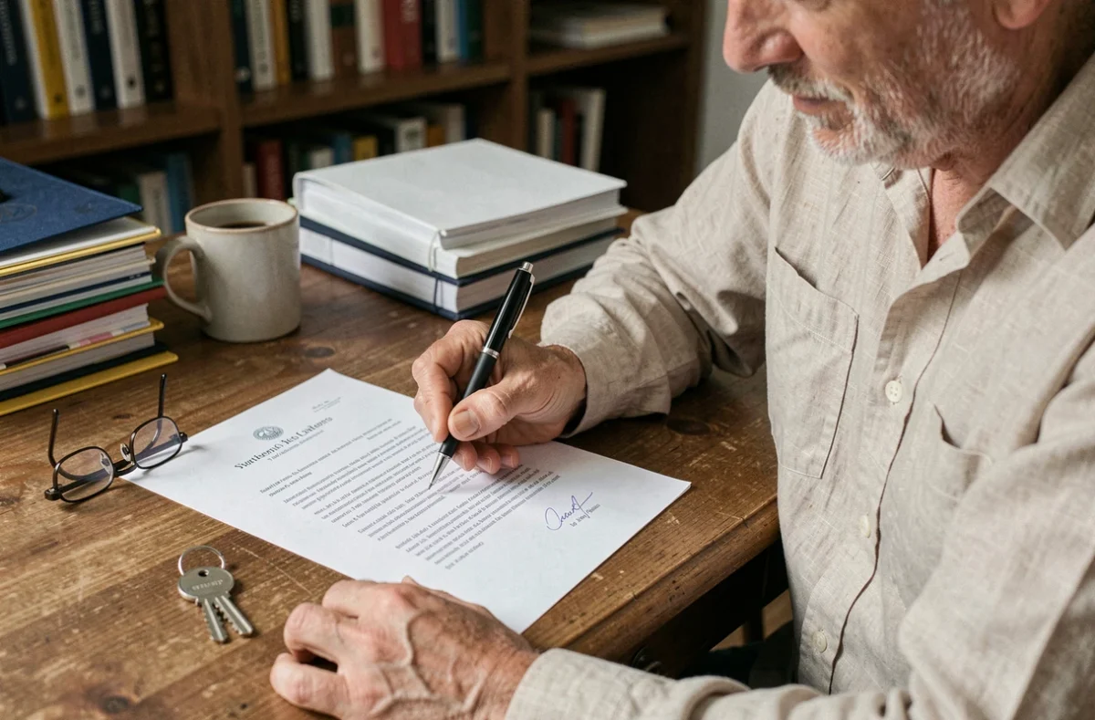 Propriétaire signant une attestation de remise de clé en main propre pour une résiliation de bail avec une clé posée sur le bureau