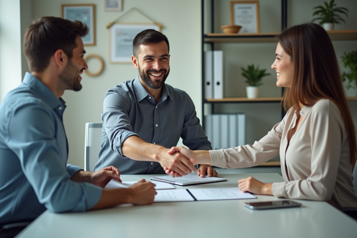 Homme d affaires serrant la main d un couple avec contrats dans un bureau moderne