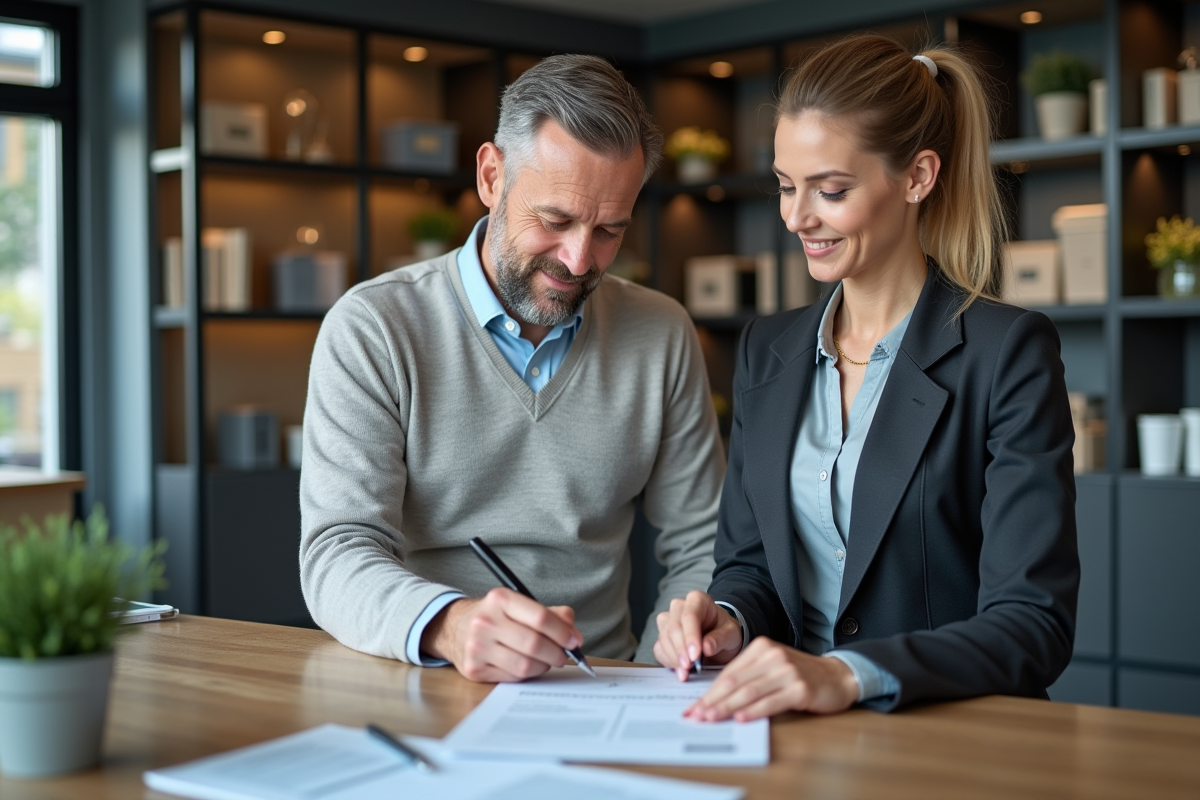 Homme signant un contrat de location avec une agente immobiliere