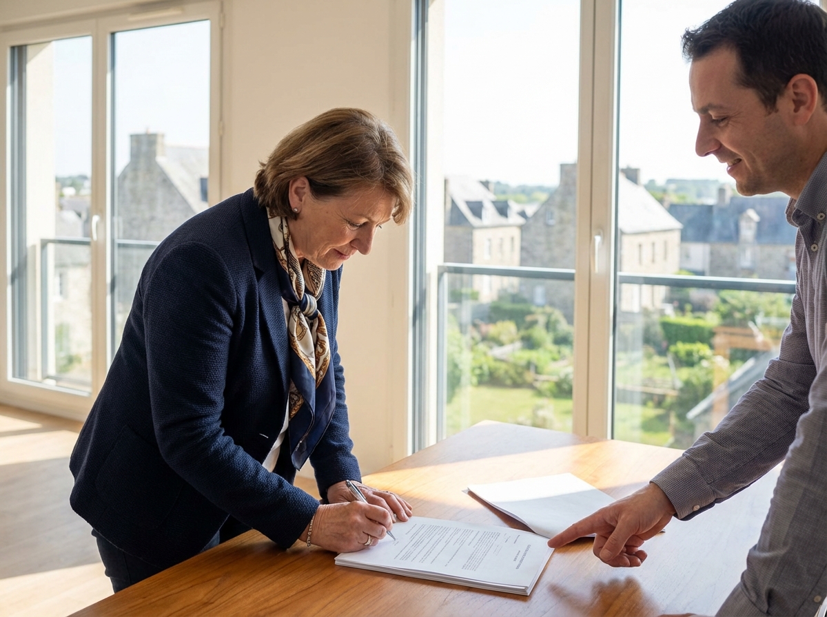 Femme plus âgée signe des documents avec un agent immobilier dans un appartement lumineux