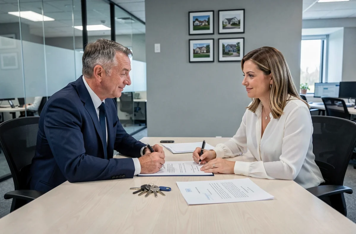Signature d'une lettre de remise des clés dans une agence immobilière entre propriétaire et locataire
