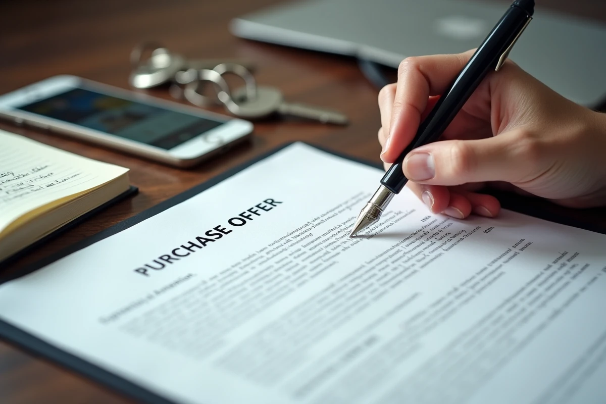 Gros plan d'une main tenant un stylo au-dessus d'une offre d'achat immobilier avec des clés de maison sur un bureau