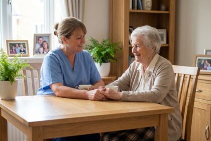 Aide chaleureuse d'une soignante à une senior en résidence