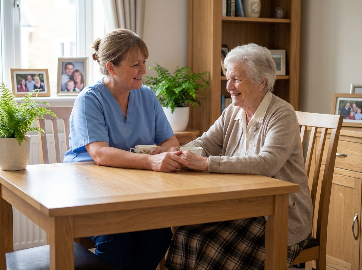 Aide chaleureuse d'une soignante à une senior en résidence