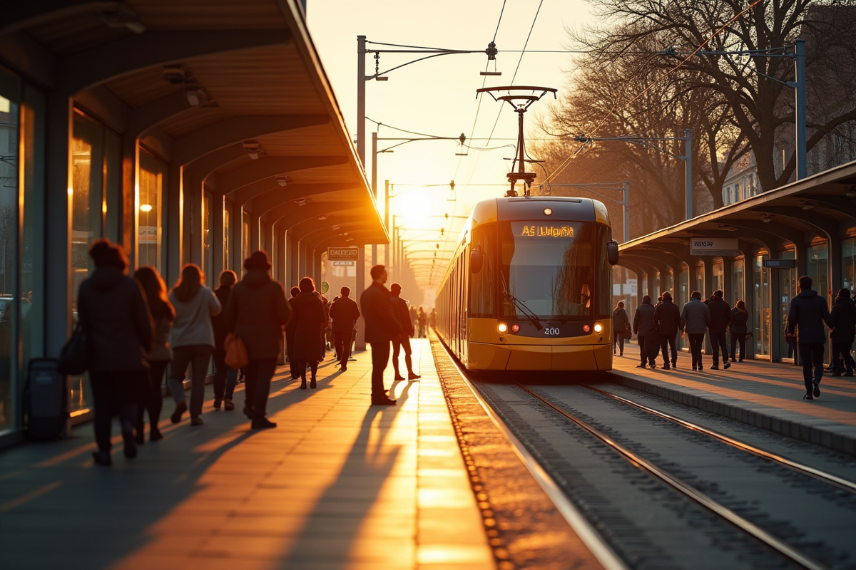 Station de tram a Begles au golden hour avec usagers et ombres longues