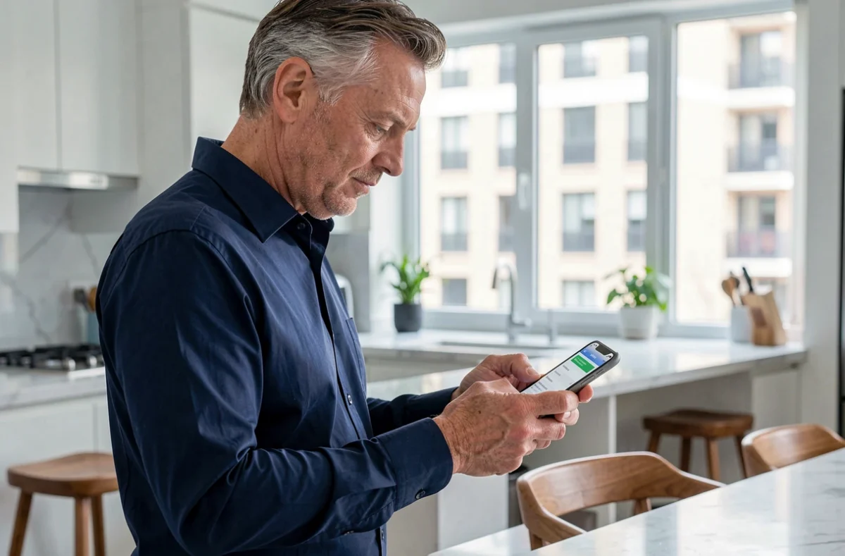 Propriétaire vérifiant ses paiements locatifs sur l'application MyFoncia depuis son smartphone dans une cuisine moderne