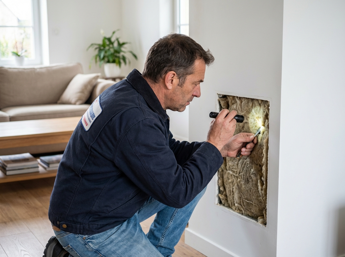 Technicien inspectant l'isolation dans un mur moderne intérieur