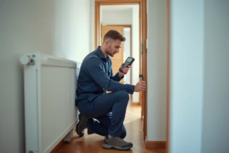 Technicien en overalls inspectant un radiateur dans un appartement