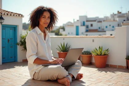 Femme en télétravail sur une terrasse riad à Essaouira avec vue sur les toits de la médina