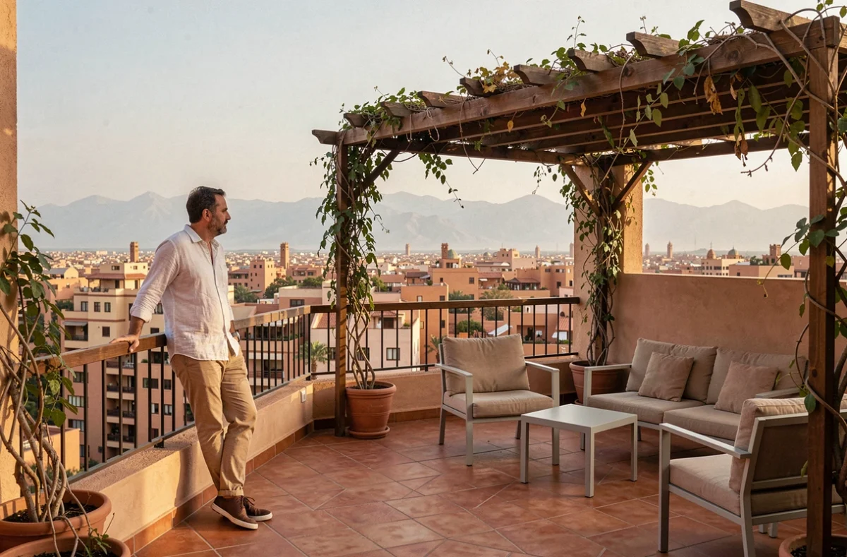 Terrasse privée d'un appartement à vendre à Guéliz Marrakech avec vue panoramique sur la ville et l'Atlas