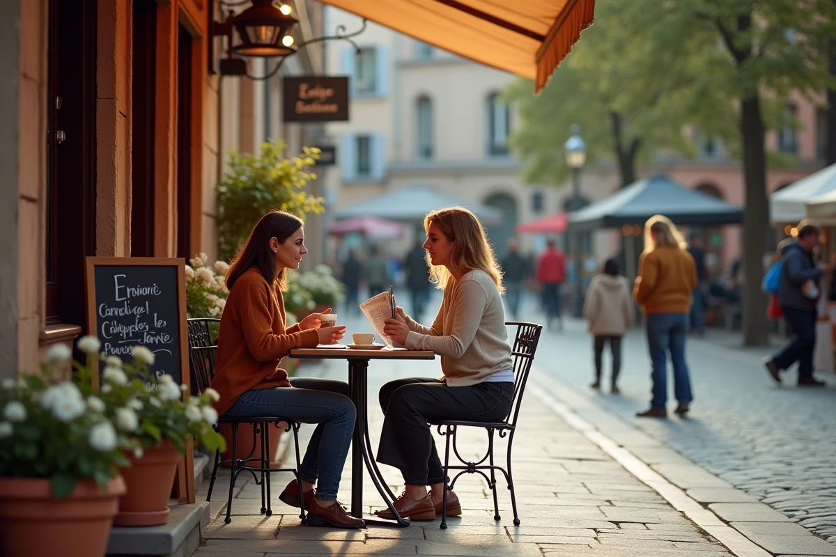 Terrasse de café place des Carmes à Toulouse avec deux femmes prenant un café le matin dans une ambiance de quartier animé