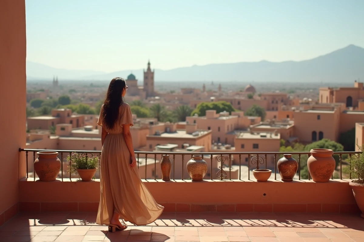 Femme admirant la vue panoramique sur la médina de Marrakech depuis la terrasse d'une maison à vendre