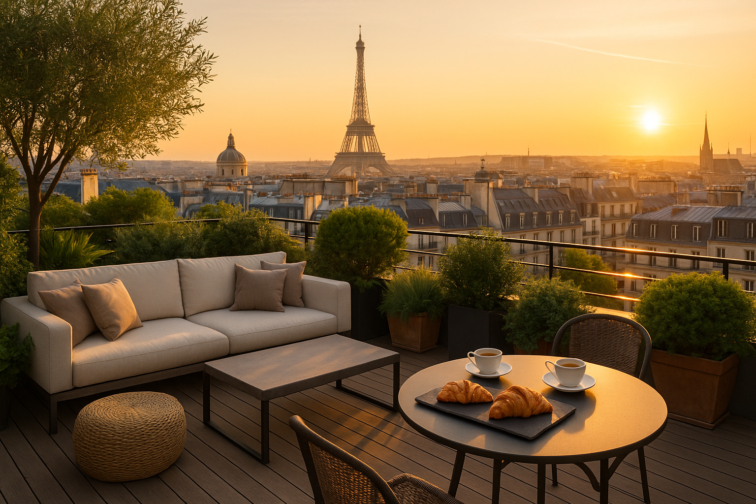 Terrasse parisienne au lever du soleil avec lounge et vue