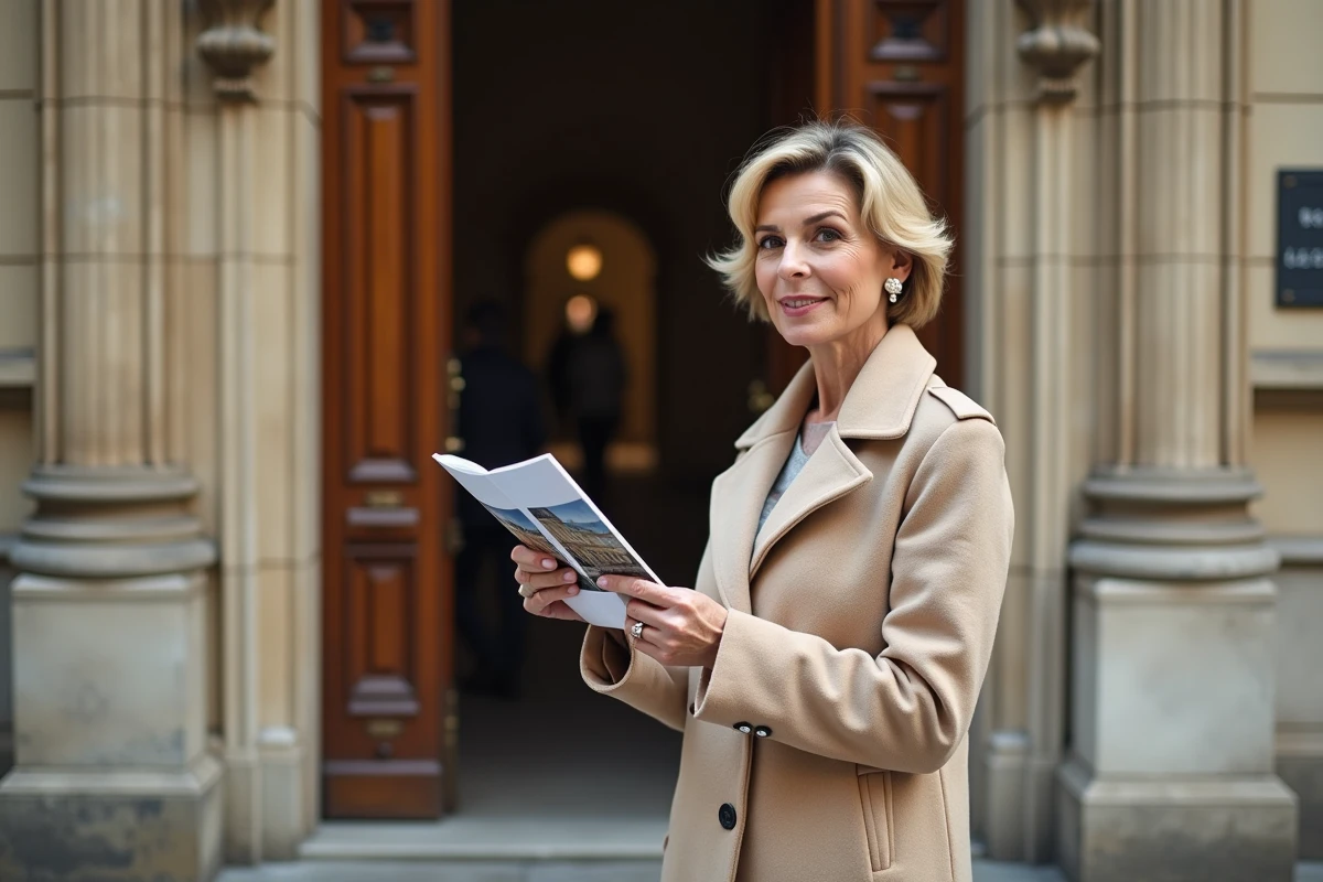 Propriétaire élégante devant un immeuble haussmannien parisien tenant une brochure immobilière de prestige