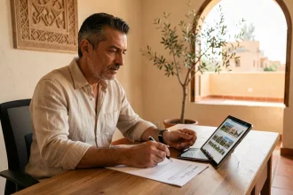 Propriétaire marocain comparant des offres de vente d'appartement à Marrakech entre particuliers et via agence immobilière