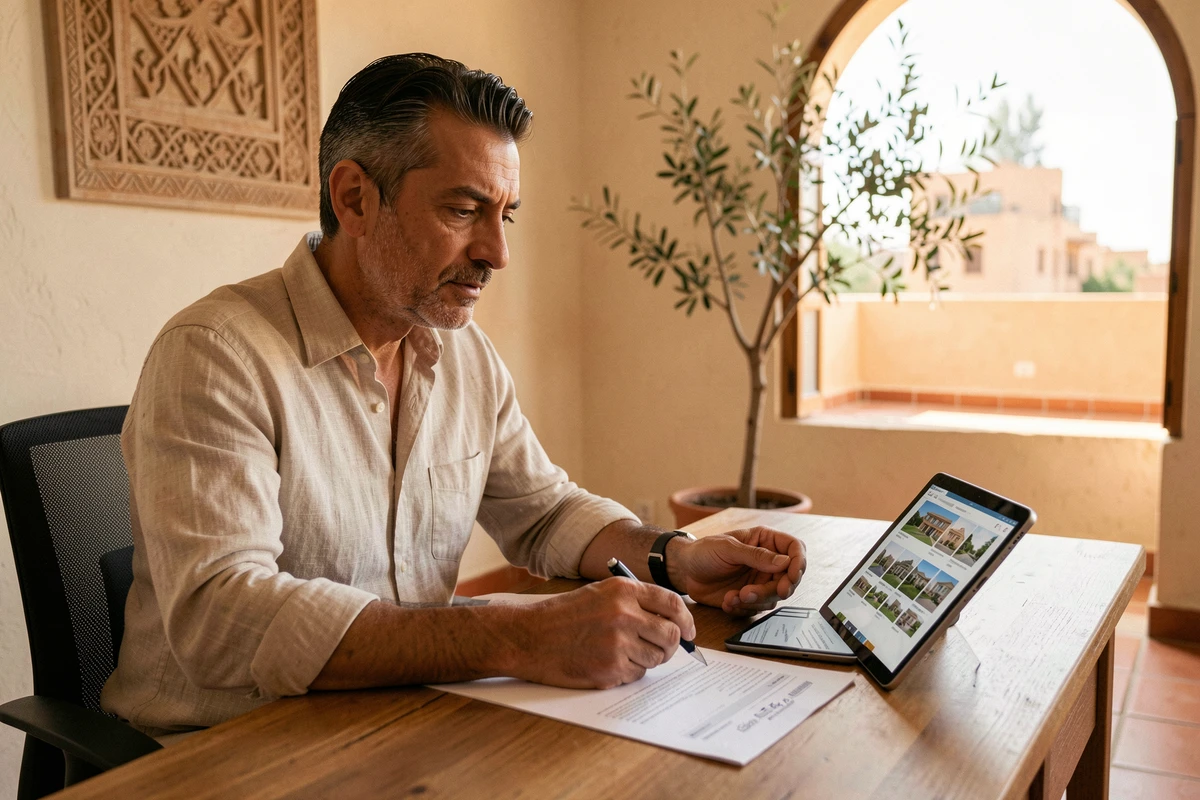 Propriétaire marocain comparant des offres de vente d'appartement à Marrakech entre particuliers et via agence immobilière