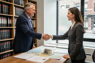 Vendeur de terrain et promoteur immobilier signant un accord dans un bureau notarial avec plans et documents fonciers sur la table