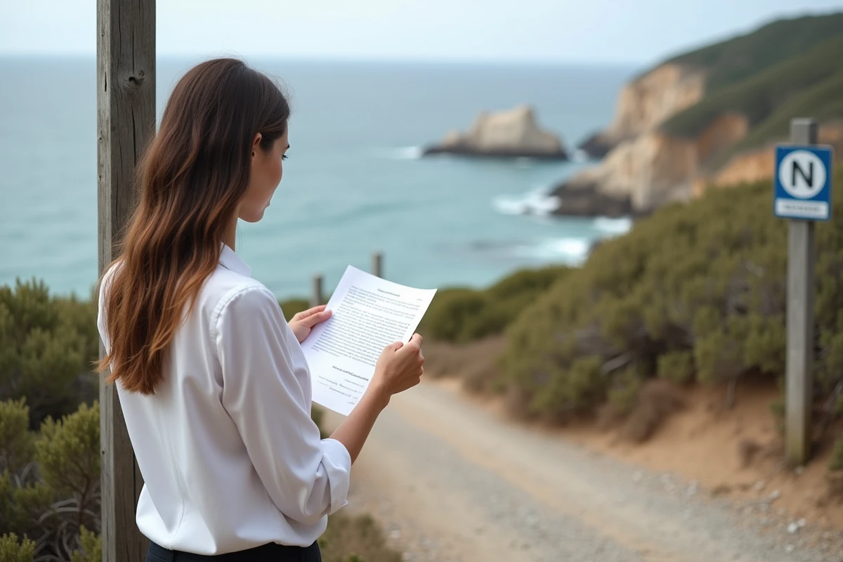 Professionnelle du droit vérifiant les servitudes et restrictions légales sur un sentier côtier balisé en bord de mer