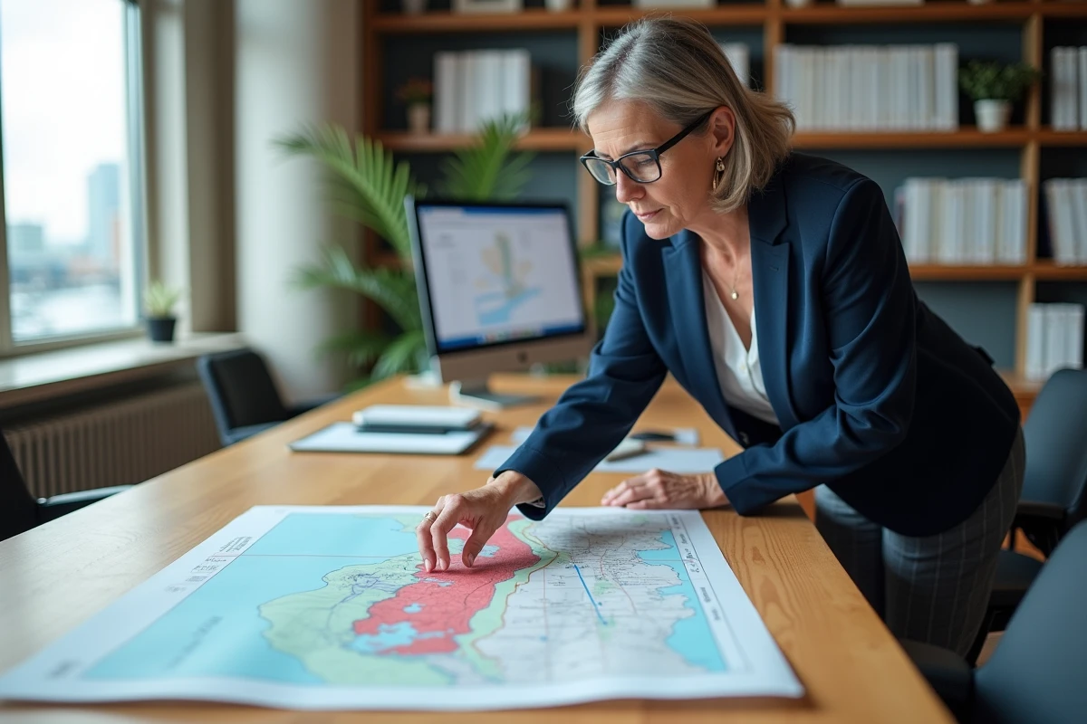 Professionnelle en urbanisme consultant une carte de zone à risque d'érosion côtière dans un bureau municipal